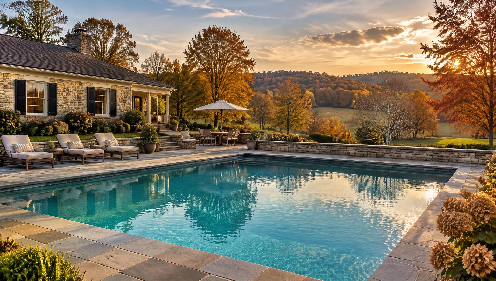 Crystal-clear backyard pool at a Pennsylvania home with autumn hills behind